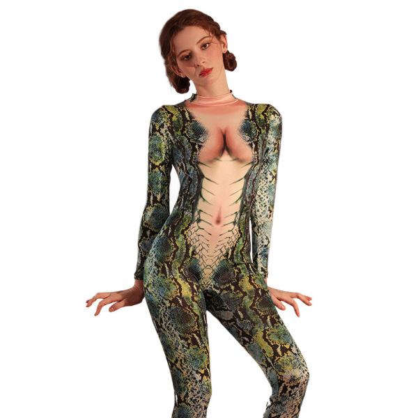 Woman modeling snake-print mei xing qing - pure & tempting small-bust enhancing cosplay lingerie set with cutout design.