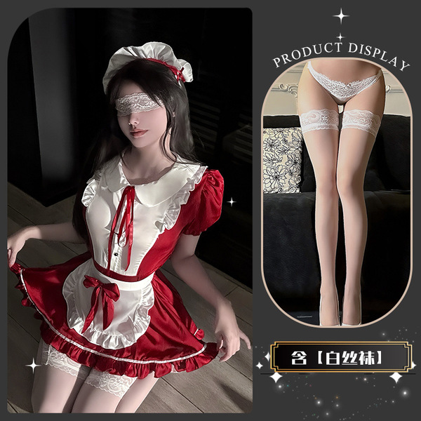 Chao Mu Seductive Lingerie Set - Pure-Yet-Alluring Butterfly Maid Cosplay Underwear, Soft & Feminine Erotic Apparel - Berry Field Chef * Red + White Stockings