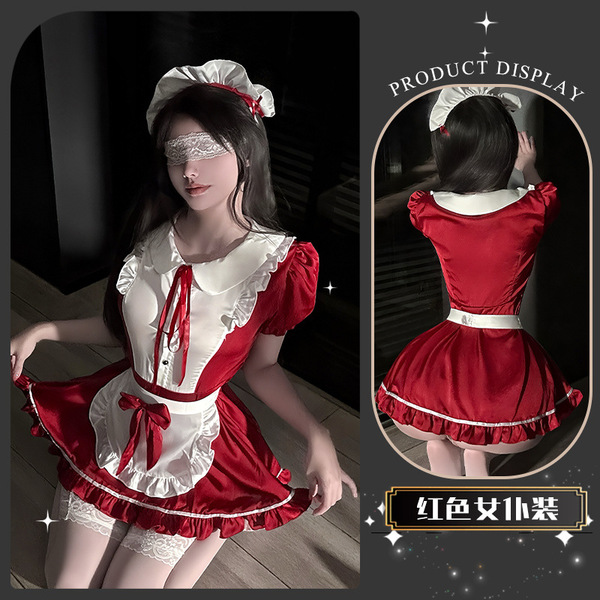 QingShe Seductive Lingerie Set - Pure-Yet-Alluring Butterfly Maid Cosplay Underwear, Soft & Feminine Erotic Apparel - Strawberry Kitchen * Red [Includes headband]