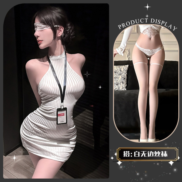 Chao Mu Sexy Secretary Costume Set - Seductive Lingerie Outfit with Bodycon Mini Skirt for Playful Elegance - Secret Branch Small Buttocks * White + White Boundless Stockings