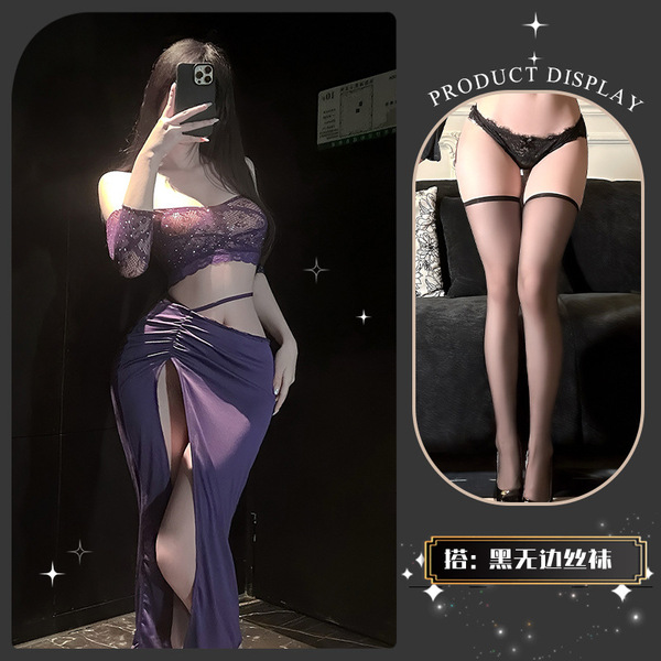 Elegant Women's Sexy Lingerie Set – Shimmering Halter Top & Matching Bottoms for Sophisticated Romance - Mianmian Xiangchu* Purple + Black Boundless Stockings