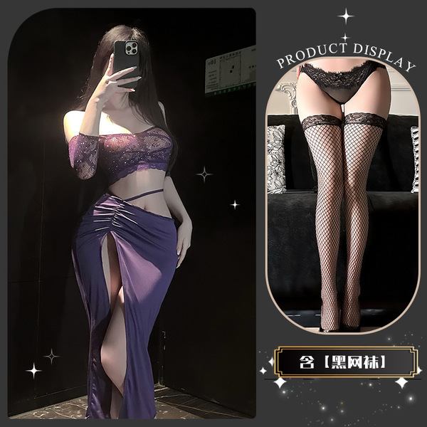 Luxury Women's Sensual Lingerie Set – Sparkling Mesh Bralette & Matching Bottoms for Romantic Evenings - Mianmian Xiangchu* Purple + Black Fishnet Stockings