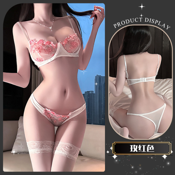 Golden Night Floral Lace Lingerie Set - Sexy Push-Up Bra & Matching Panty for Women - Rose-red blouses + white stockings