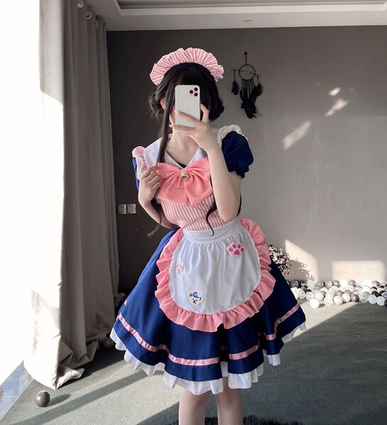 Maid Costume Cosplay Dress - Cute Anime Cat Girl Lolita Outfit for Women - Milk Bear, Milk Cat, Navy Blue Maid