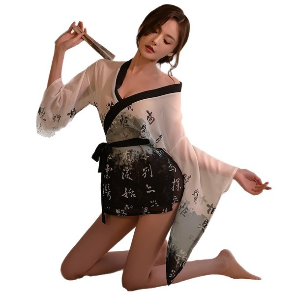 Elegant womens kimono sleepwear set featuring sheer satin chemise with intricate japanese script designs, paired with a styli...