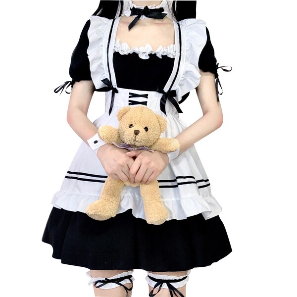 Miracle nikki world tour lolita maid dress featuring a cute anime-inspired outfit with black and white colors, perfect for co...