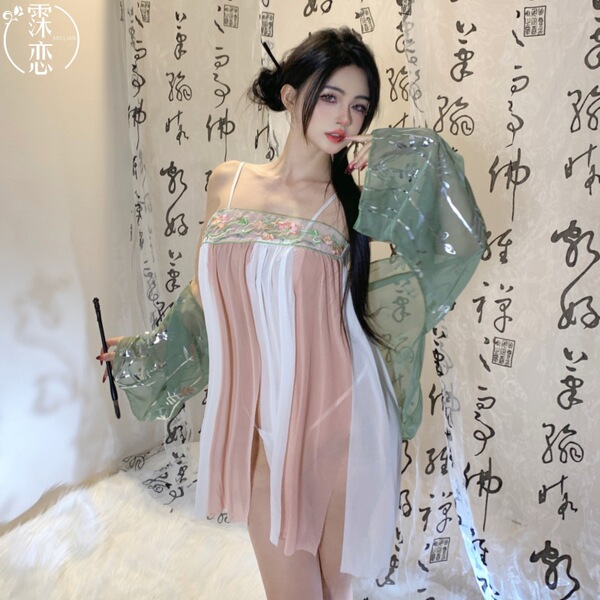 Vintage-inspired sheer nightwear set featuring floral embroidery, perfect for romantic chinese new year celebrations. ideal f...