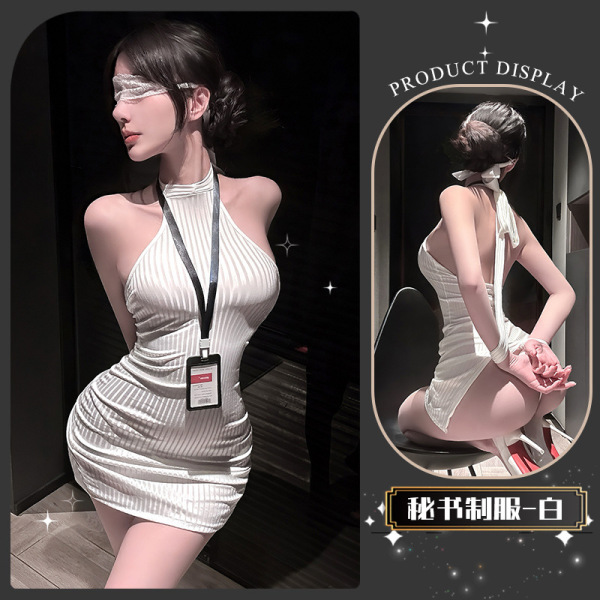 Chao Mu Sexy Secretary Costume Set - Seductive Lingerie Outfit with Bodycon Mini Skirt for Playful Elegance - Secret Branch Small Hips * White [Includes Chest Badge]