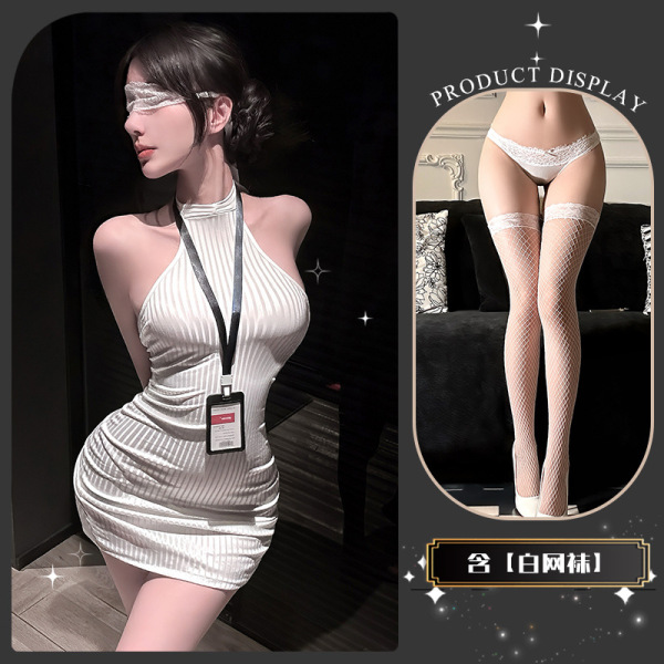 Chao Mu Sexy Secretary Costume Set - Seductive Lingerie Outfit with Bodycon Mini Skirt for Playful Elegance - Secret Branch Small Buttocks * White + White Fishnet Stockings