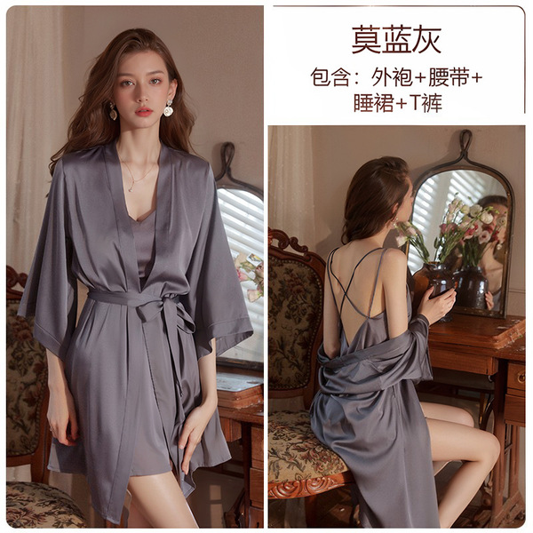 Seductive Ice Silk Backless Sleepwear Set - Sexy Lingerie Nightgown & Robe, No-Remove Passion Outfit, European Style - Moran gray (slip dress + T-shirt + outer robe + belt)