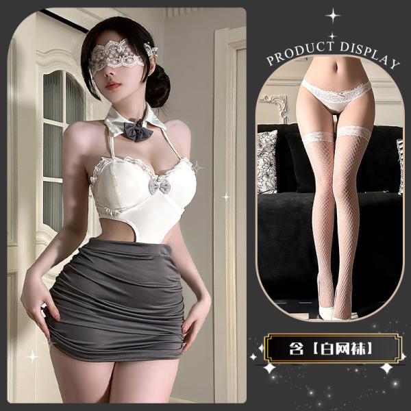 OL Secretary Lingerie Set - Elegant Seductive Black Lace Erotic Underwear for Women - Twilight White Notes ~ + White Fishnet Stockings