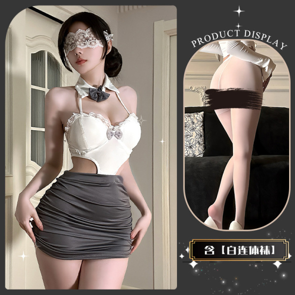 OL Secretary Lingerie Set - Elegant Seductive Black Lace Erotic Underwear for Women - Twilight White Notes ~ + White Bodysuit