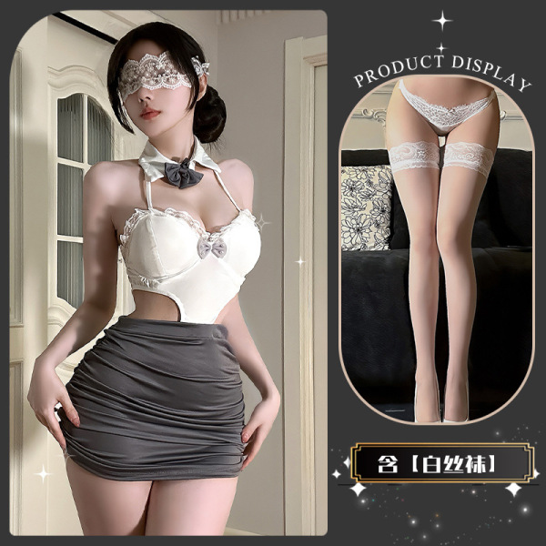 OL Secretary Lingerie Set - Elegant Seductive Black Lace Erotic Underwear for Women - Twilight White Notes ~ + White Stockings