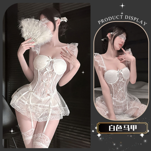 Chao Mu Sexy Corset Vest - Lace Bodysuit for Women, Pure Temptation Lingerie with Alluring Silhouette - Muna Jingjing*White [Vest + T-shirt + Garterbelt]