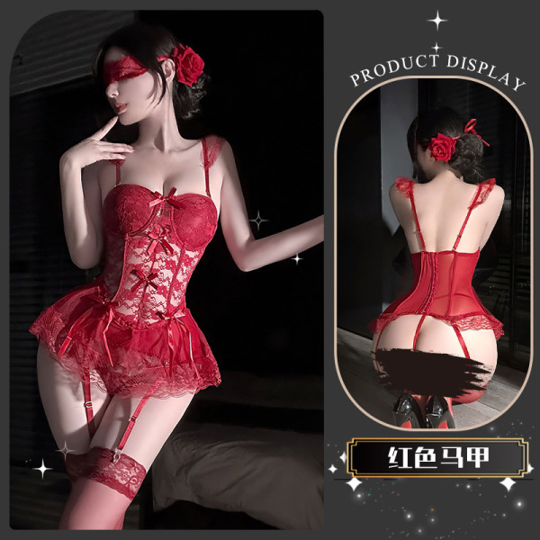 Chao Mu Sexy Corset Vest - Lace Bodysuit for Women, Pure Temptation Lingerie with Alluring Silhouette - Muna Jingjing*Red [Vest + T-shirt + Garterbelt]