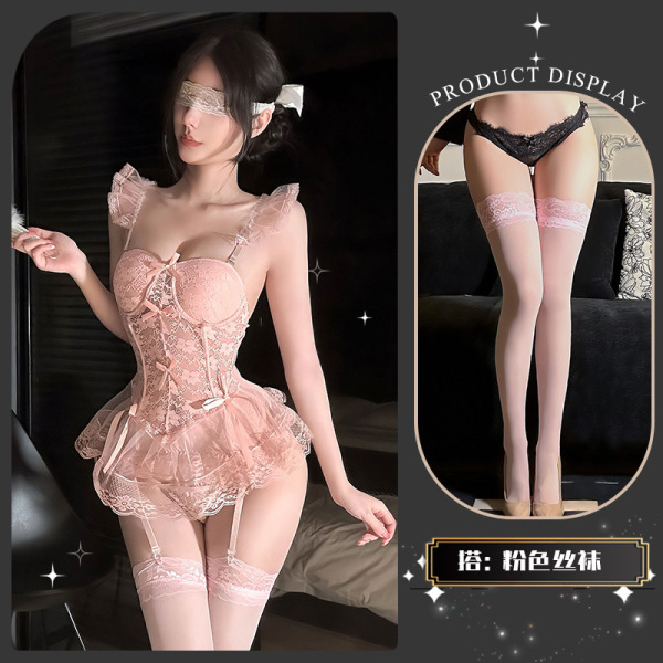 Chao Mu Sexy Corset Vest - Lace Bodysuit for Women, Pure Temptation Lingerie with Alluring Silhouette - Muna Jingjing* Pink + Matching Socks