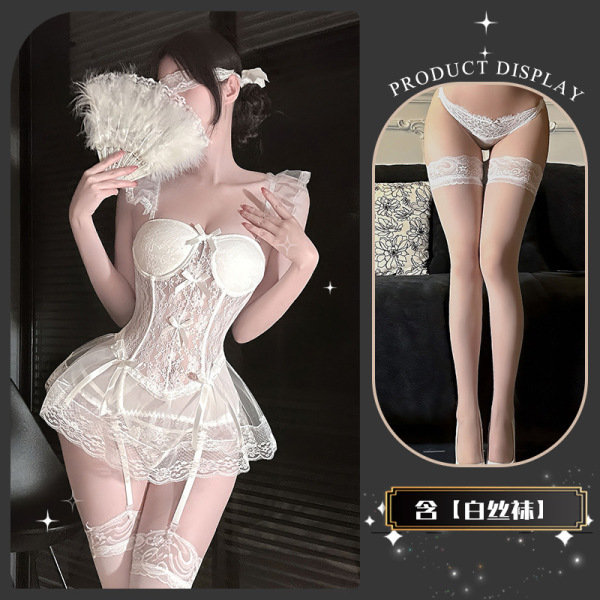 Chao Mu Sexy Corset Vest - Lace Bodysuit for Women, Pure Temptation Lingerie with Alluring Silhouette - Muna Jingjing* White + Matching Socks + Eye Mask