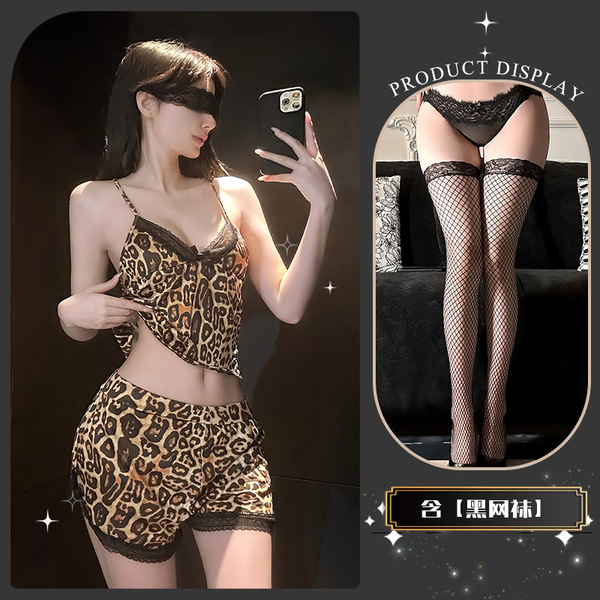 Leopard Print Lace Lingerie Set for Women – Sexy Matching Sleepwear & Intimate Outfit - Mushroom-shaped bits + black fishnet stockings