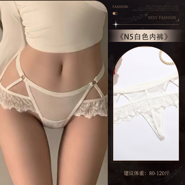 Sensual Lace Thong Panties with Pearl Accents - Insertable, No-Remove Pure Temptation Lingerie for Women - N5☆White