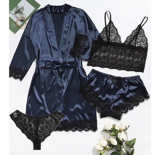 European Women's Lace Sleepwear Set - Sexy Matching 4-Piece Pajama Set for Plus Size & Curvy Women - Navy blue
