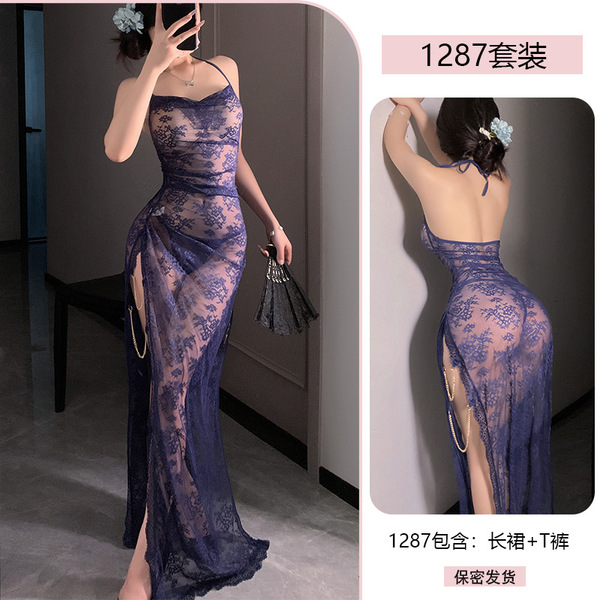 Yiyue Purple Lace Sensual Off-Shoulder Chemise - Sheer Temptation Sleepwear & Roleplay Outfit - Navy blue