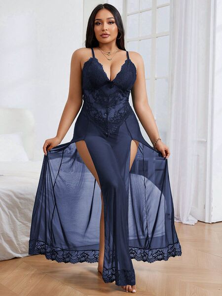 Plus Size Sexy Lace Long Dress Set - Semi-Sheer Backless Transparent Evening Ensemble for Curvy Women - Navy blue