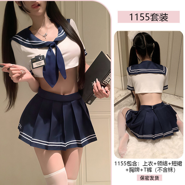 YiYue Sexy Schoolgirl JK Uniform Set - Japanese Sailor Style Role Play Lingerie Outfit - Navy blue and white
