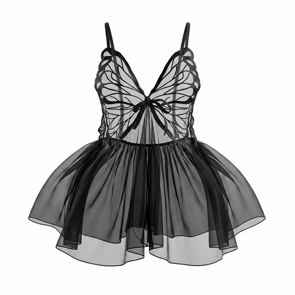 Black sheer mesh butterfly halter nightgown with lace detailing and flared skirt, part of the night silk sensual backless lac...