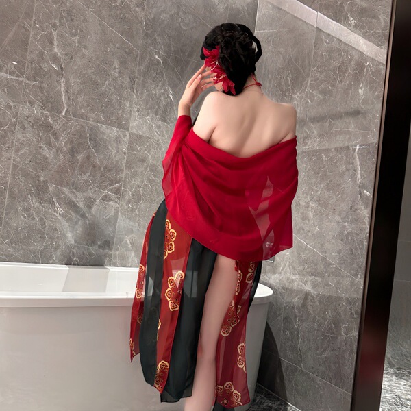 Elegant red night silk sensual lingerie set inspired by hanfu, featuring a flowing robe and decorative skirt, perfect for wom...