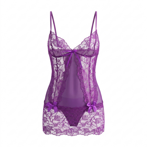 Purple lace slip dress with adjustable straps, featuring floral patterns and bows for bedroom elegance and allure.