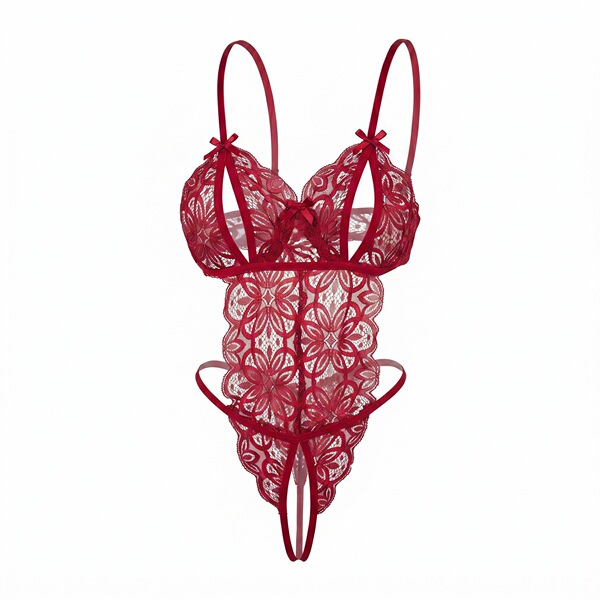 Red lace bodysuit with floral pattern and open-crotch design, featuring delicate straps and sheer fabric for a sensual look.