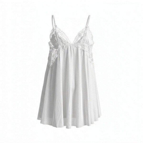 White lace-trimmed sleep dress with strappy design, sheer mesh fabric, and elegant silhouette for intimate nights.