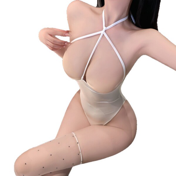 Woman wearing white lace bodysuit with crisscross straps and polka-dot thigh-highs, showcasing nightsigh nightseduce sexy lac...