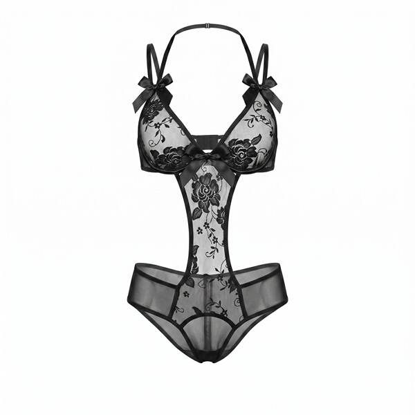 Sheer black floral bodysuit with open-crotch design and delicate bow accents for passionate nights.