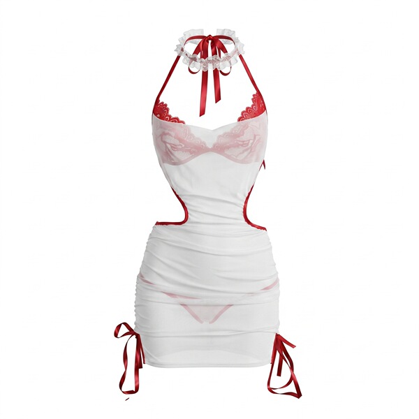 White and red nurse costume bodysuit with chest cutout, tight skirt, and matching headpiece for alluring cosplay.