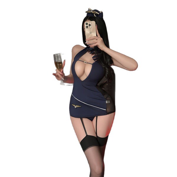 Woman in navy blue nightsigh nightseduction flight attendant lingerie set, holding champagne and phone, wearing thigh-high st...