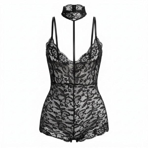 Black lace halter bodysuit with floral pattern and matching choker, sheer backless design for elegant lingerie look.