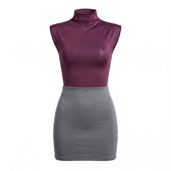 Burgundy turtleneck top and gray bodycon skirt set for curvy figures, perfect for cosplay or date nights.