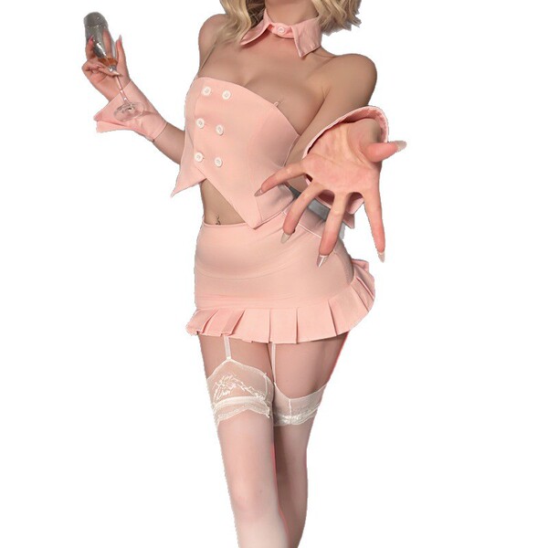 Woman in pink nightsiyese bunny girl costume set with ruffled skirt, gloves, and lace stockings holding a glass.