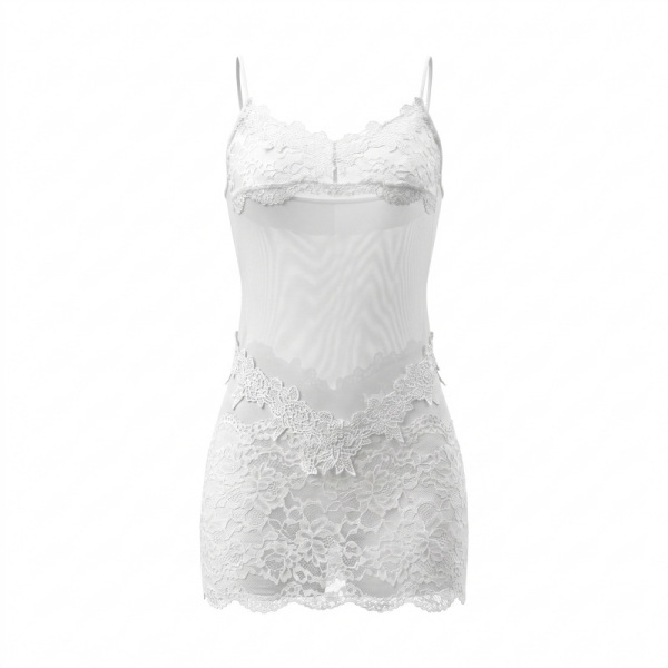 White lace cami nightgown with sheer mesh panels and floral detailing – elegant, sensual sleepwear for women.