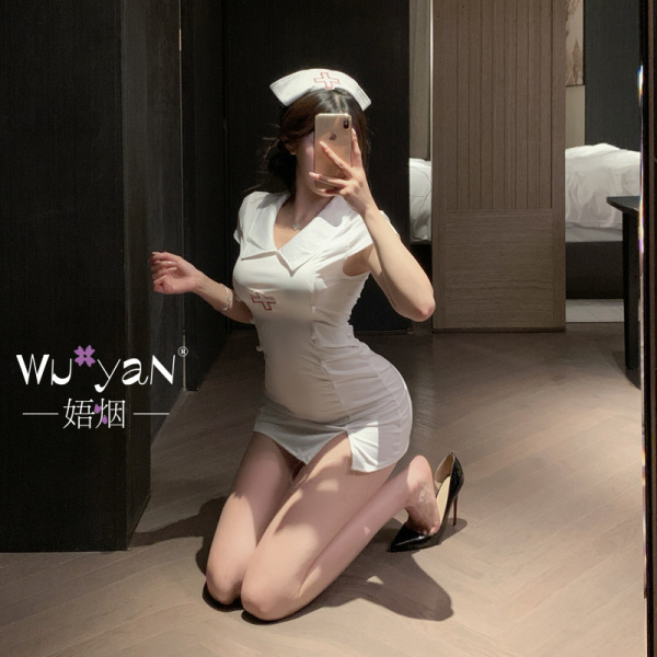 Pure & Playful Lingerie Set – Nurse-Themed Sexy Sleepwear for Women, Seductive Costume-Inspired Intimate Apparel - White nurse uniform + headdress + black stockings