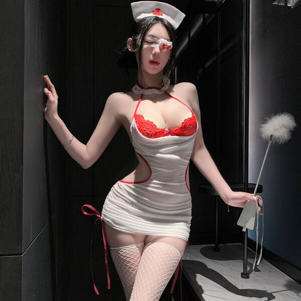 Manny Night Pure & Tempting Nurse Costume Set – Lace Sheer Bodycon Dress with Halter Neck for Role Play & Lingerie Sleep - Nurse outfit (socks not included)