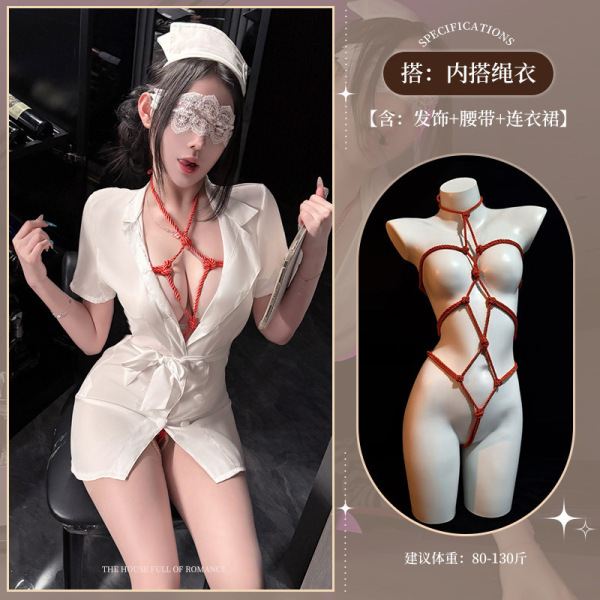 Nurse-Themed Lingerie Set - Sexy Open-Crotch Costume for Couples Play & Intimate Nights - White [nurse uniform + headdress + belt] + inner rope garment