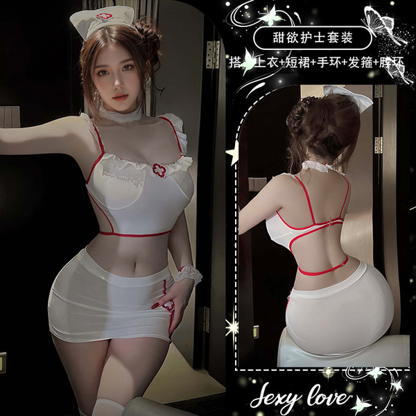Pure & Playful Nurse Costume Lingerie Set – Sexy Sleepwear for Women, Plus Size Flirty Outfit - Nurse outfit (top + skirt + bracelet + headband + neck ring) + fishnet stockings