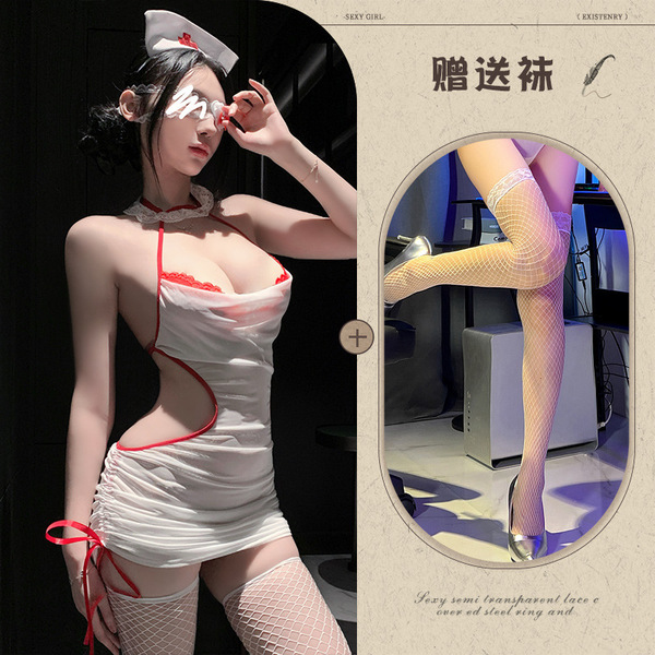 Manny Night Pure & Tempting Nurse Costume Set – Lace Sheer Bodycon Dress with Halter Neck for Role Play & Lingerie Sleep - Nurse outfit + white fishnet stockings