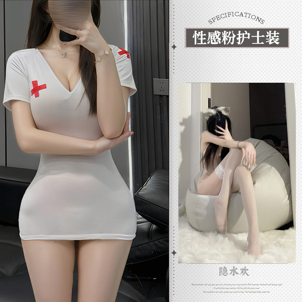 Sexy Nurse Costume for Women - Seductive Lingerie Sleepwear Set with Skirt & Top, Bedroom Role Play Outfit - Pink nurse + white stockings