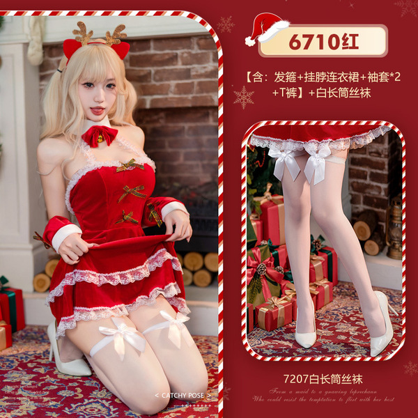 Plus Size Christmas Lingerie Set - Velvet Reindeer Bralette & Backless Sleep Dress for Holiday Parties - NY1SQT010129◆Christmas Reindeer◆Red【Headband + Halter Dress + Arm Sleeves * 2 + T-shirt】+White Stockings