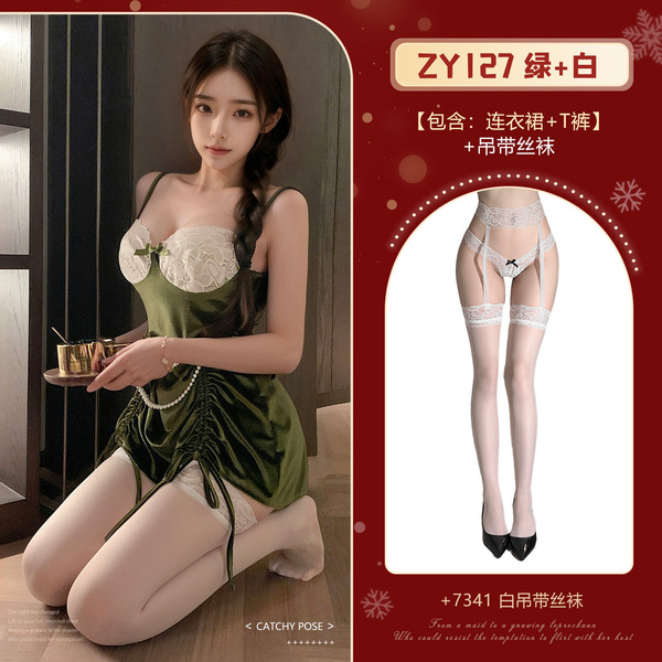 Feimu Velvet Deep V Sleep Dress for Valentine's Day - Sexy Lace Backless Nightgown, No-Remove Intimate Wear ZY127 - NY1SYT005030◆Retro Oil Painting◆Green + White【Dress + T-shirt】+White Garter Stockings