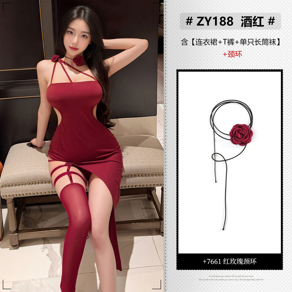 Feimu Sexy Lace Rose One-Shoulder Backless Bodycon Nightdress - Red Floral Sleepwear Set ZY188 - NY1SYT005578◆Scarlet Rose◆Wine Red【Dress + T-shirt + Single Stocking】+Red Necklace