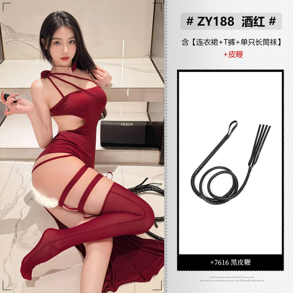Feimu Sexy Lace Rose One-Shoulder Backless Bodycon Nightdress - Floral Mesh Trim Sleepwear ZY188 - NY1SYT005579◆Scarlet Rose◆Wine Red【Dress + T-shirt + Single Stocking】+Black Leather Whip